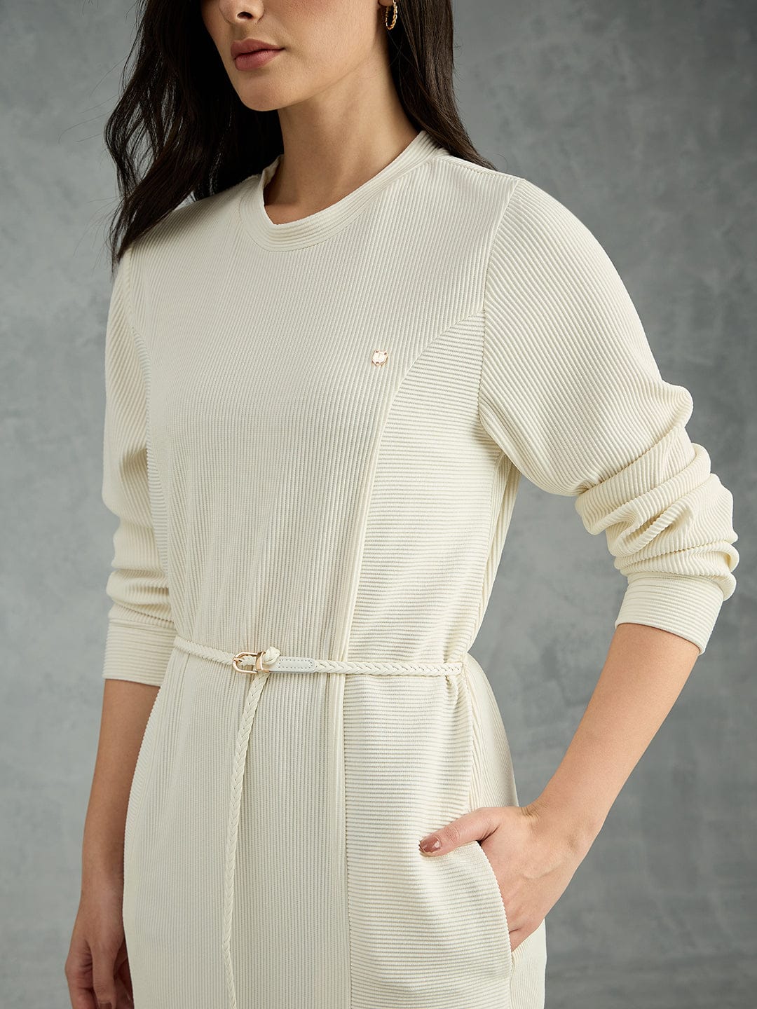 Iconic Women Cream Solid Round Neck Straight Fit Dress - Image 3