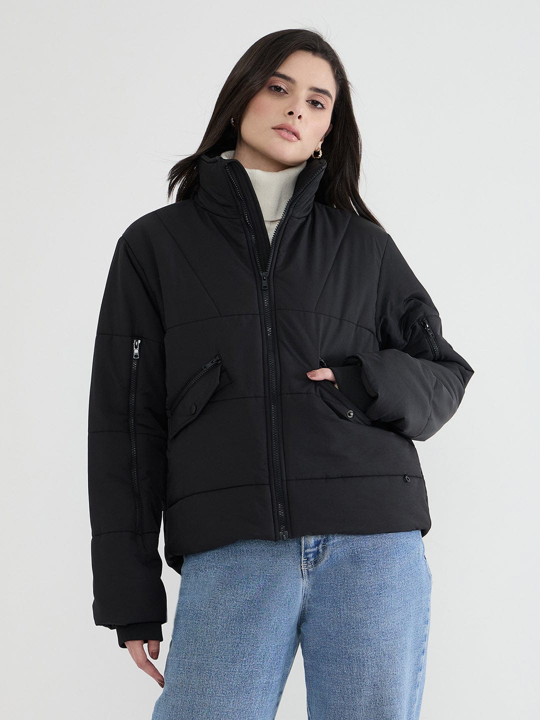 Iconic Women Black Solid High Neck Jacket - Image 2