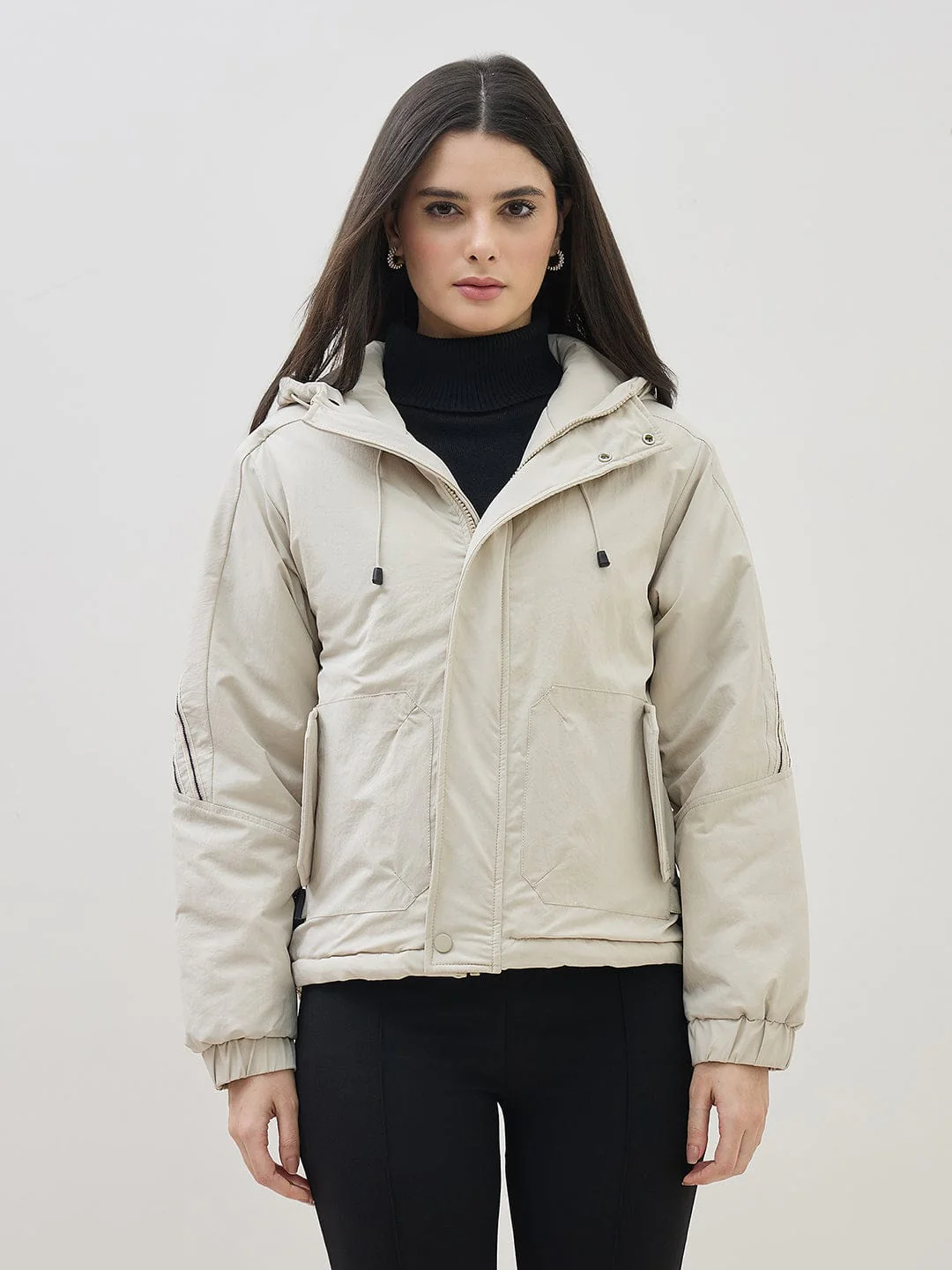 Iconic Women Grey High Neck Regular Fit Hooded Jacket - Image 2