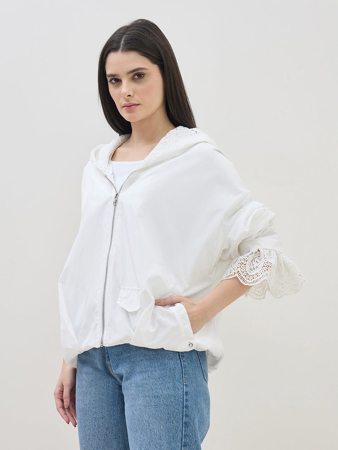 ICONIC Women White Hooded Regular Fit Jacket - Image 2