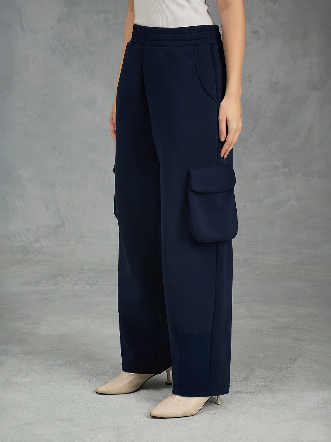Iconic Women Navy Blue Solid Cargo Fit Sweat Pant - Image 3