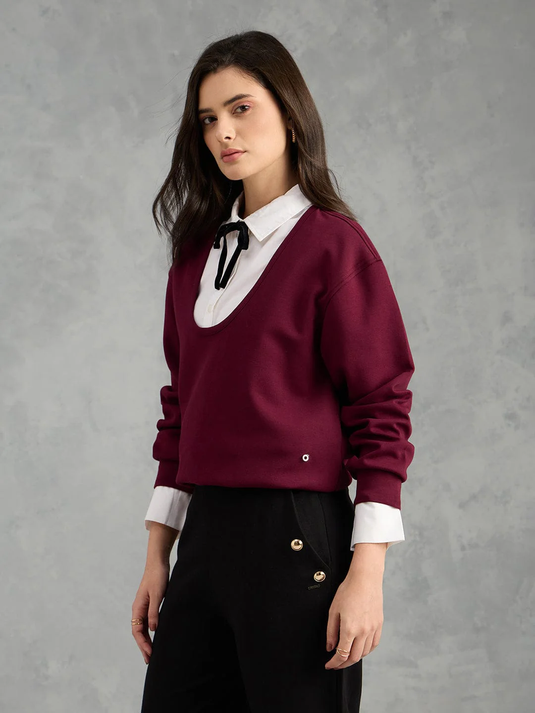 Iconic Women Maroon Solid Pure Cotton Collared Loose Fit Sweatshirt - Image 2
