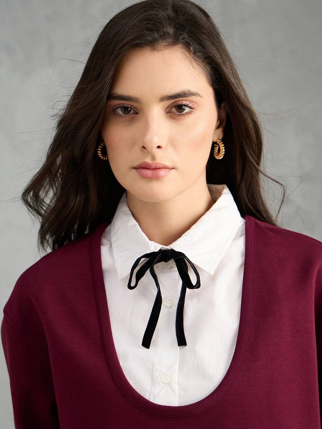 Iconic Women Maroon Solid Pure Cotton Collared Loose Fit Sweatshirt - Image 3