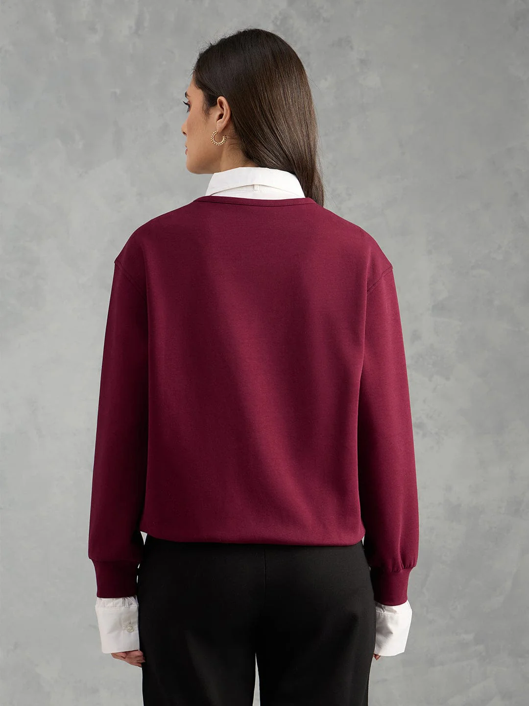 Iconic Women Maroon Solid Pure Cotton Collared Loose Fit Sweatshirt - Image 4