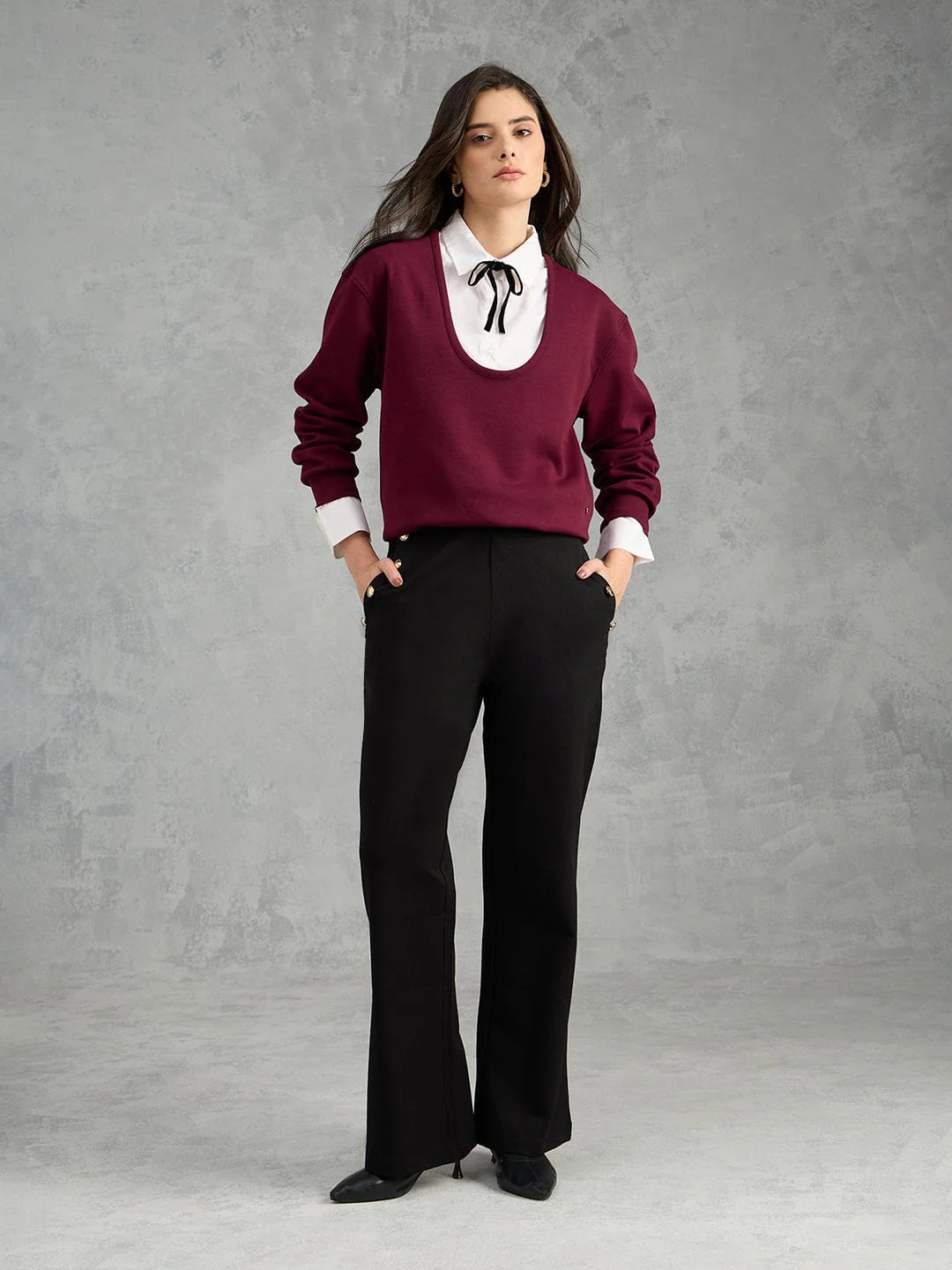 Iconic Women Maroon Solid Pure Cotton Collared Loose Fit Sweatshirt - Image 5