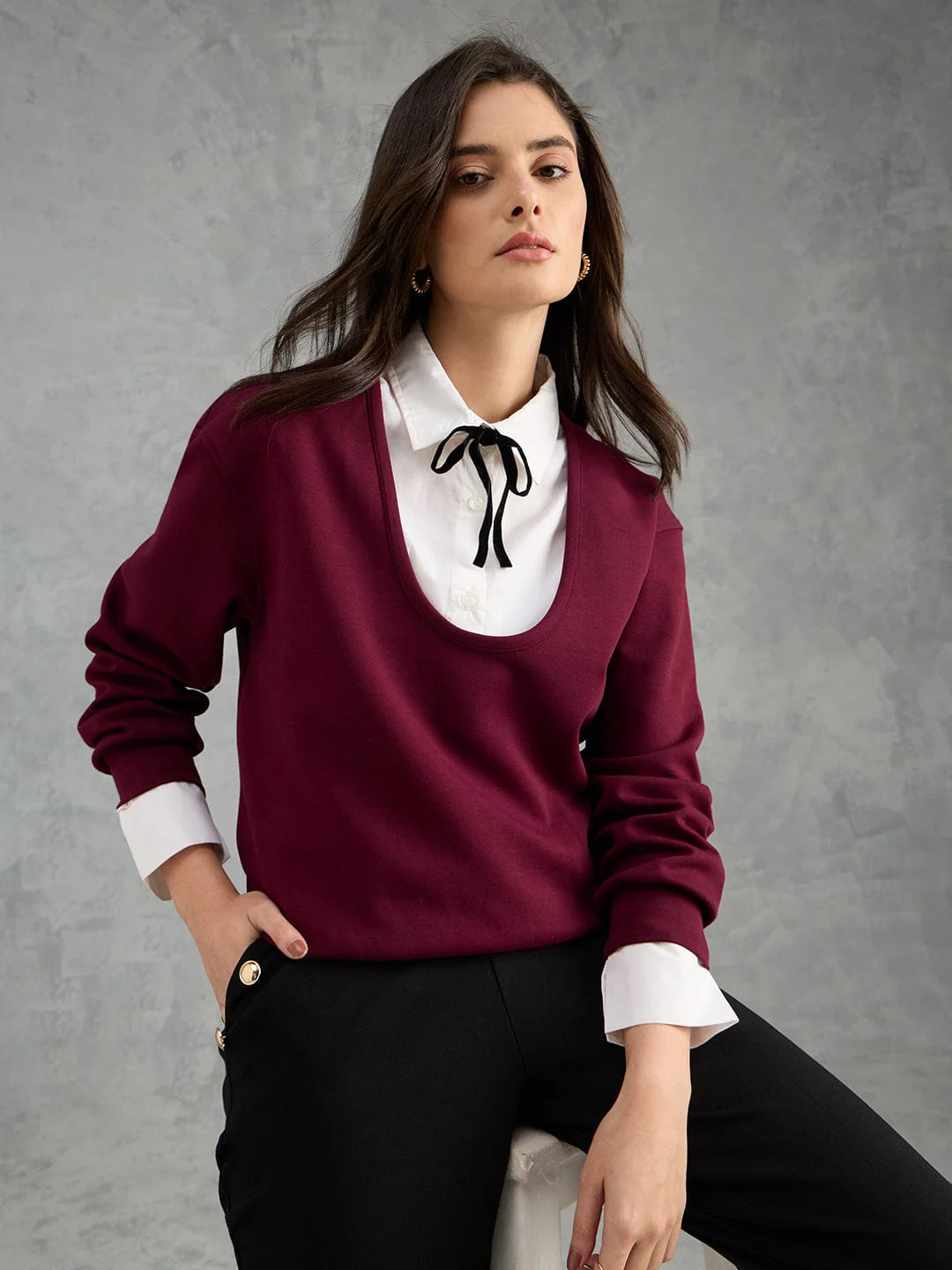 Iconic Women Maroon Solid Pure Cotton Collared Loose Fit Sweatshirt - Image 6