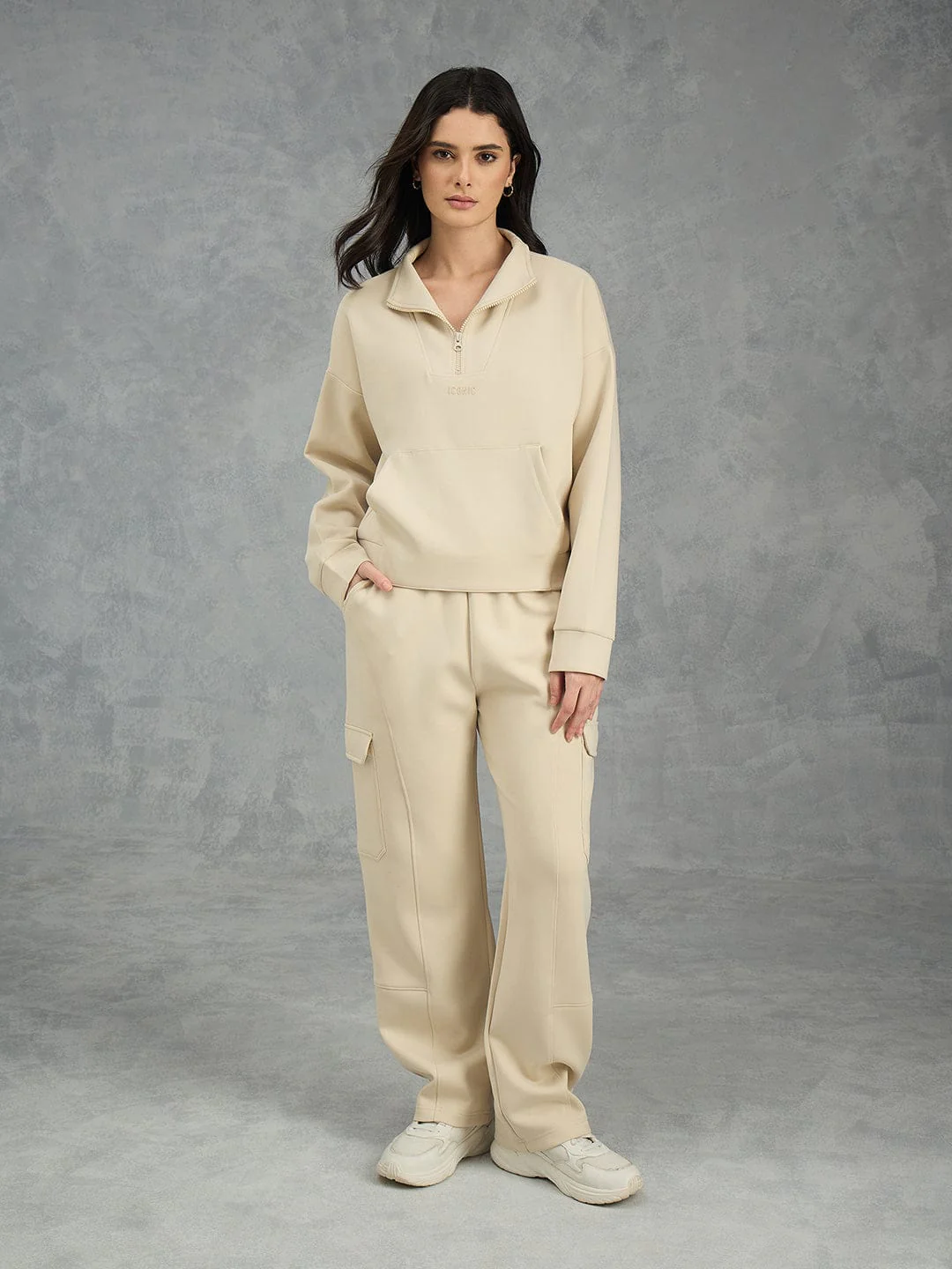 Iconic Women Beige Solid Collared Sweatshirt - Image 5