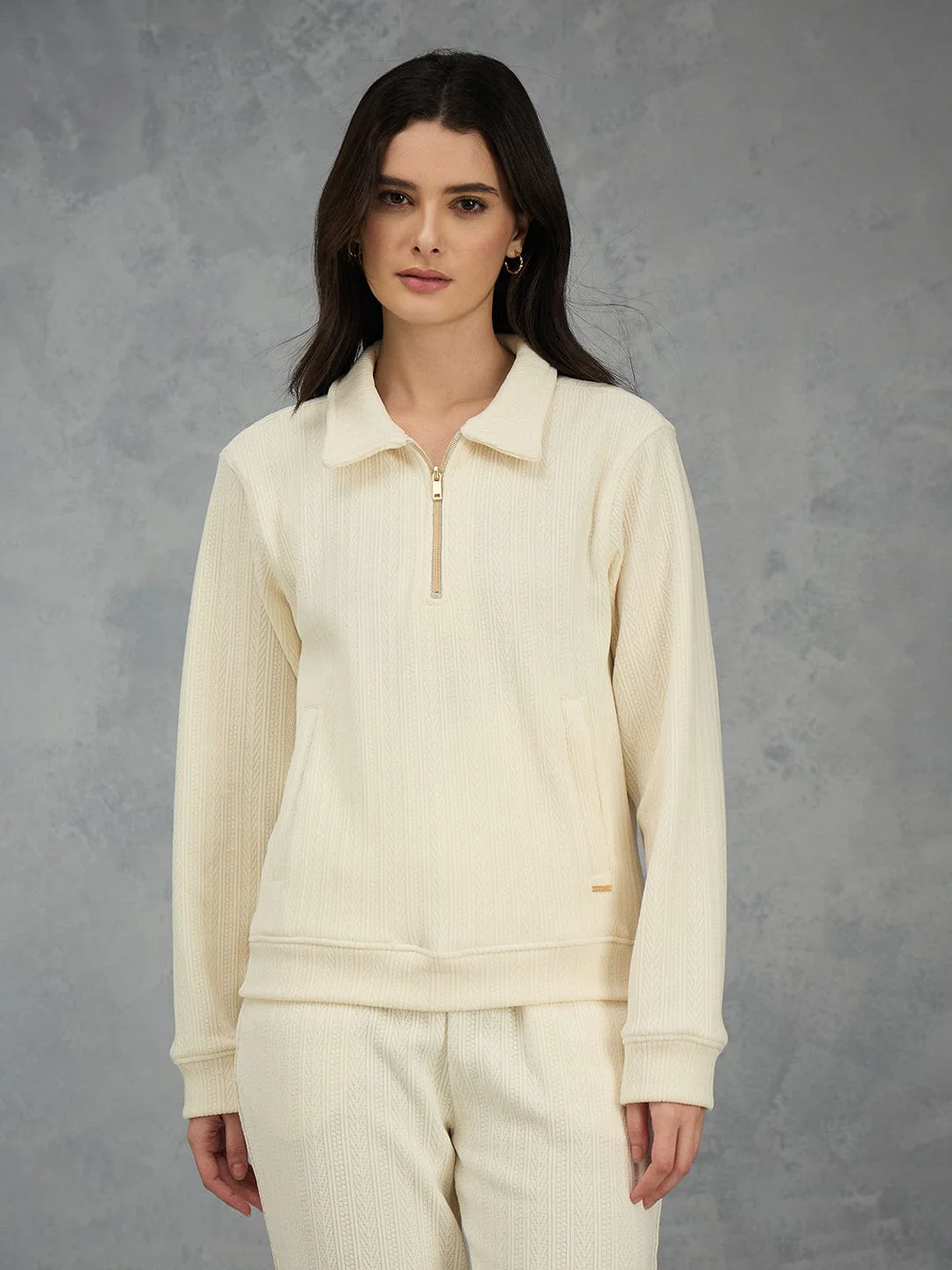 Iconic Women Cream Solid Collared Sweatshirt - Image 2