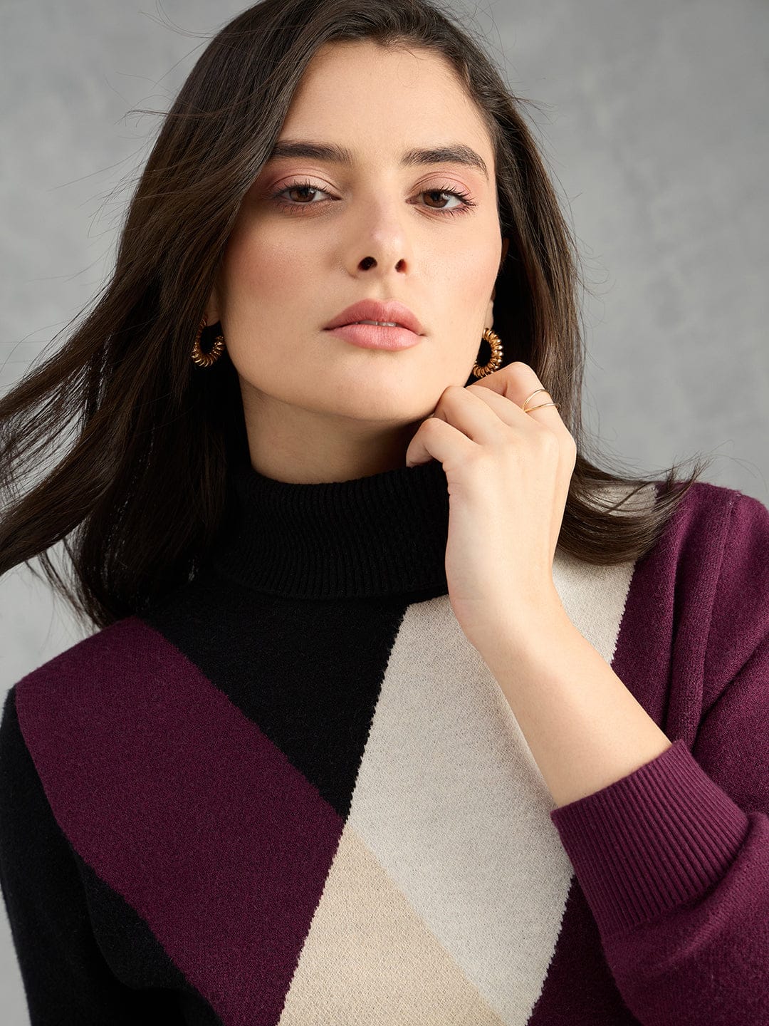 Iconic Women Multicolor Textured High Neck Sweater - Image 3