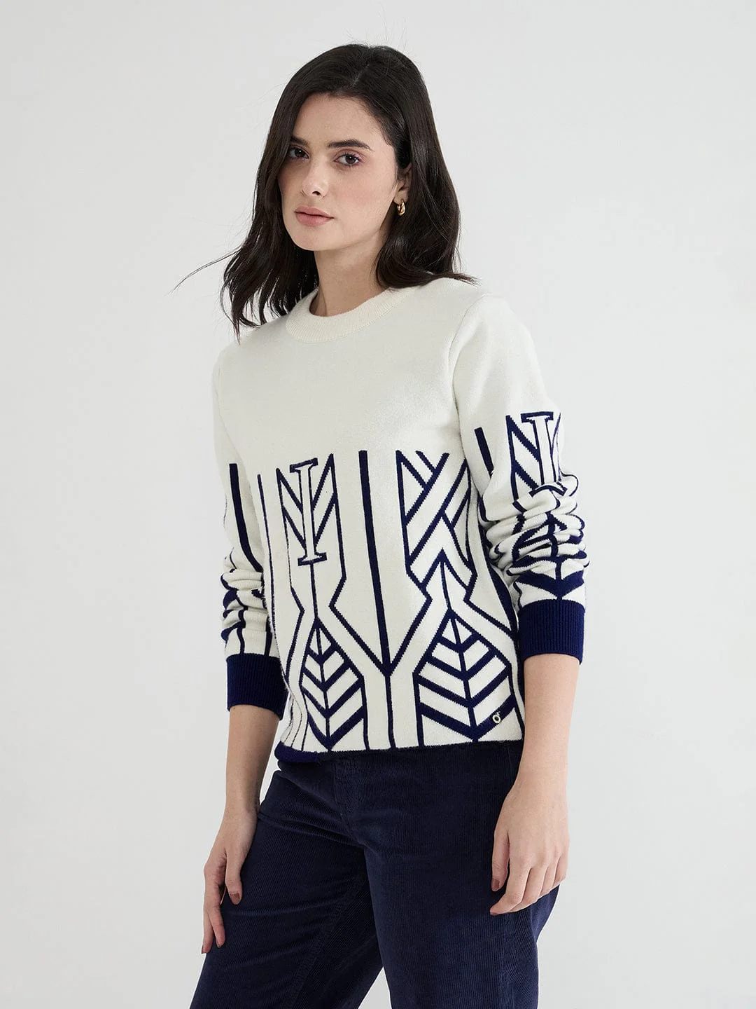 Iconic Women White Textured Round Neck Sweater - Image 2