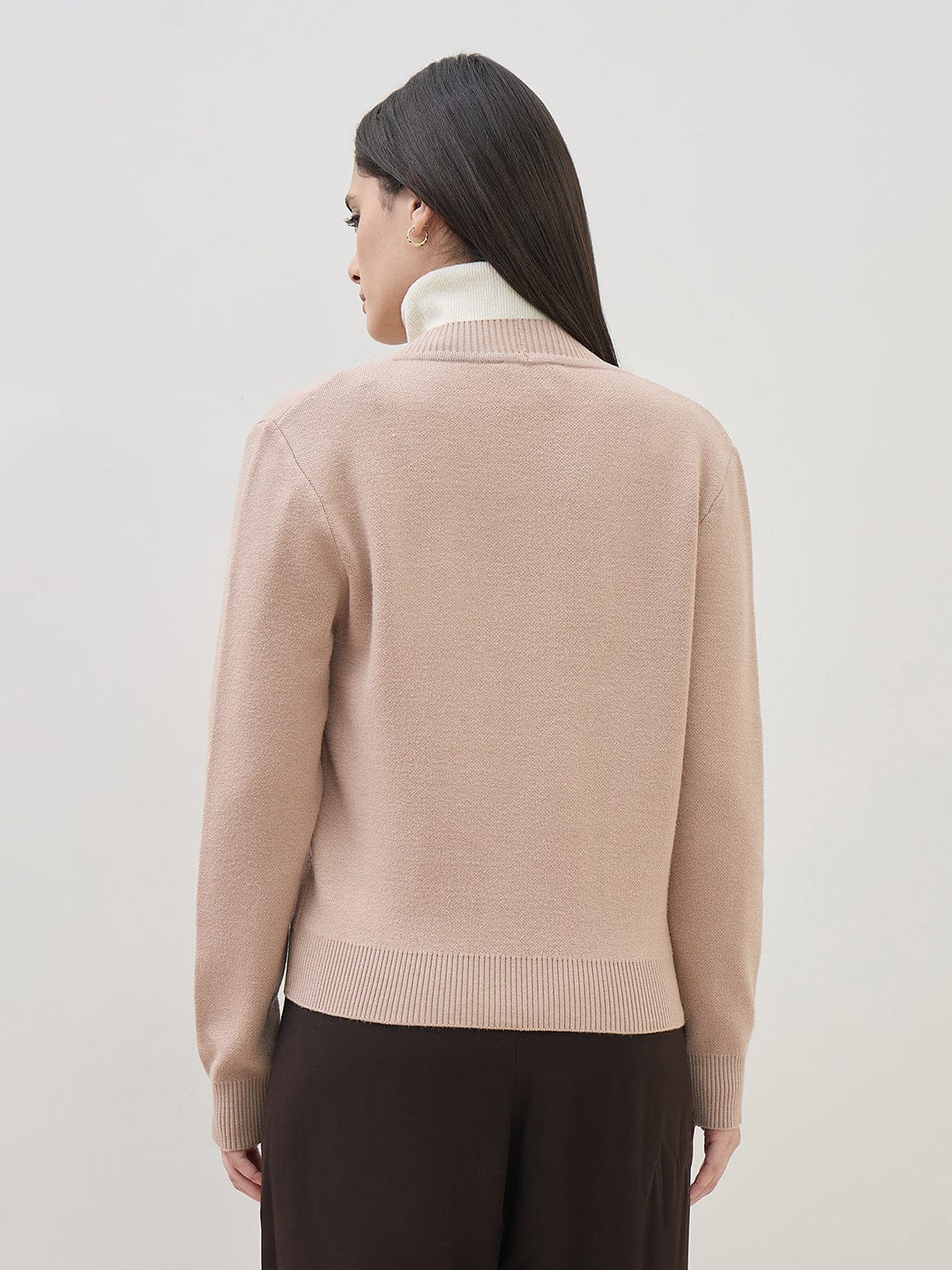 Iconic Women Beige Textured V Neck Regular Fit Sweater - Image 4