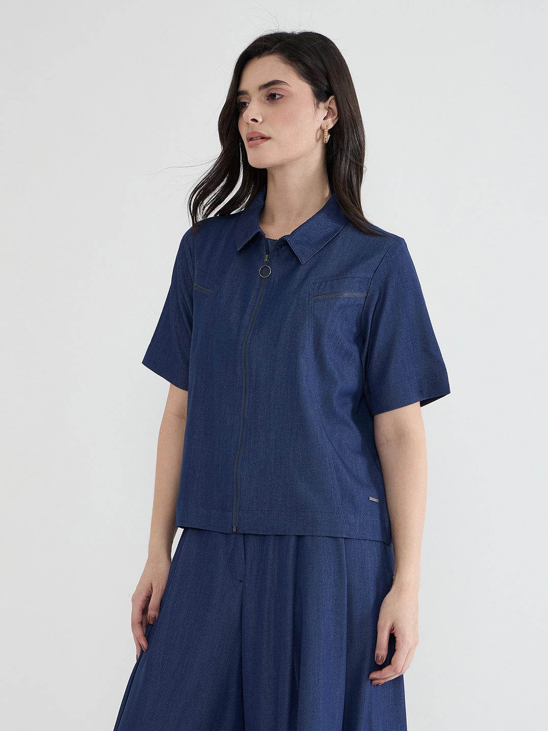 Iconic Women Navy Blue Solid Pure Cotton Collared Loose Fit Top - Image 2