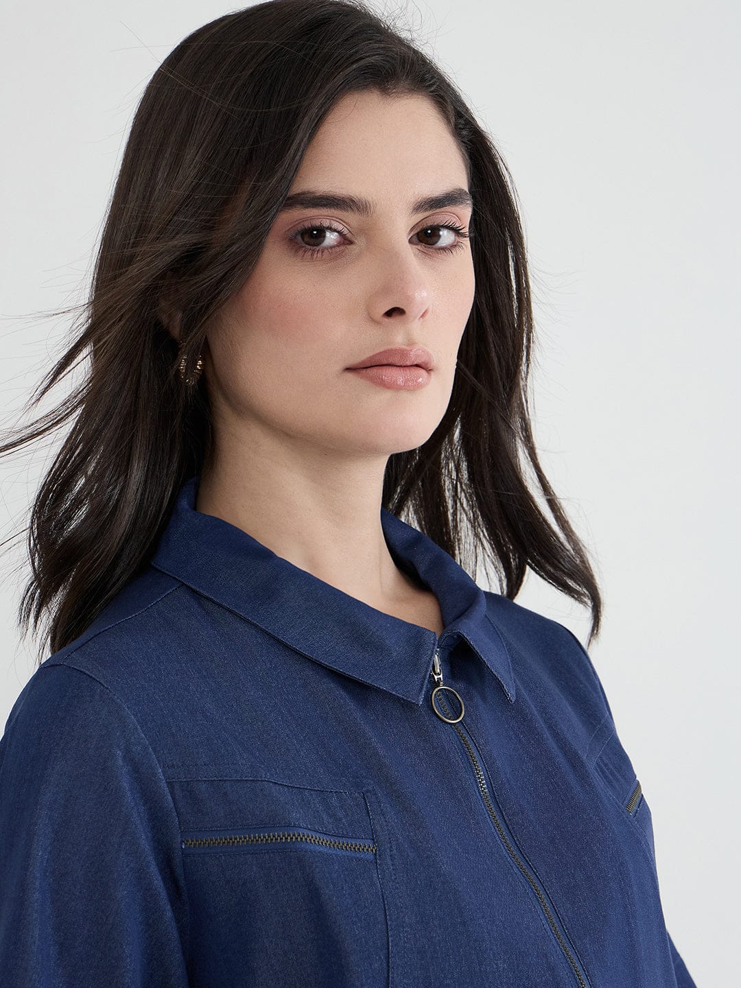 Iconic Women Navy Blue Solid Pure Cotton Collared Loose Fit Top - Image 3