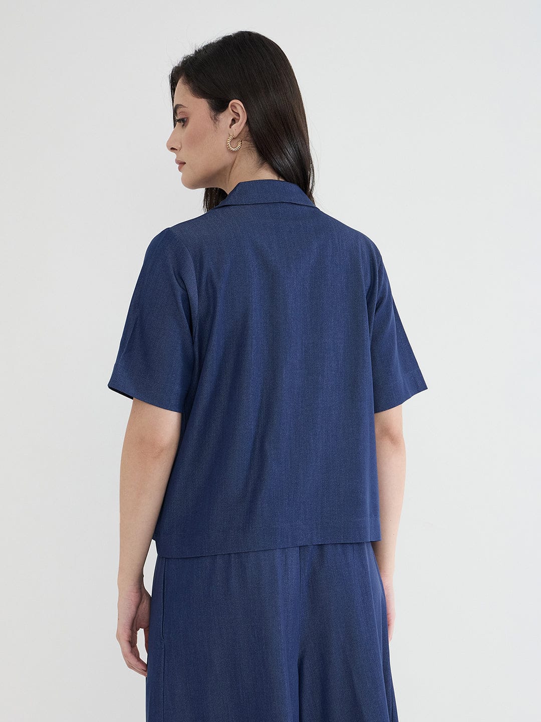 Iconic Women Navy Blue Solid Pure Cotton Collared Loose Fit Top - Image 4