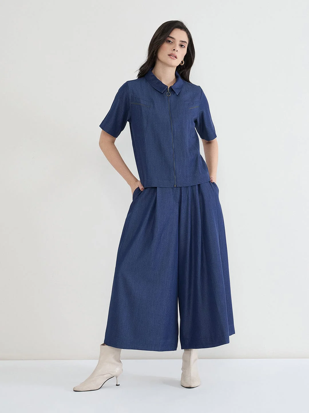 Iconic Women Navy Blue Solid Pure Cotton Collared Loose Fit Top - Image 5