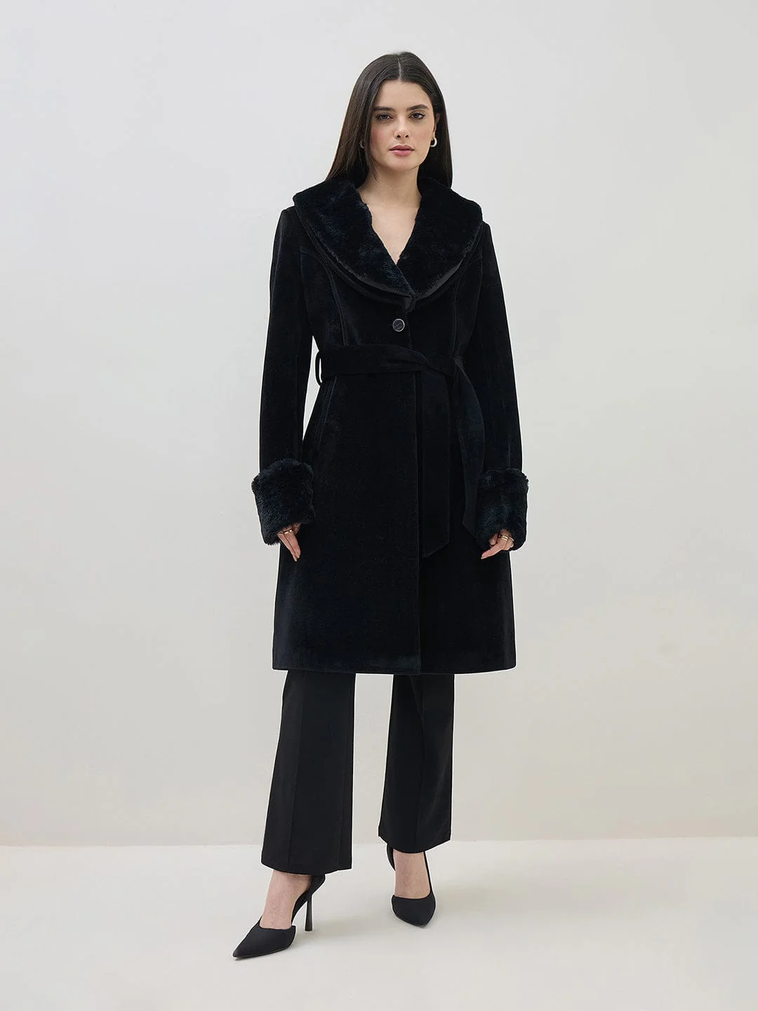 ICONIC Women Black Notch Lapel Detachable Fur Overcoat - Image 2