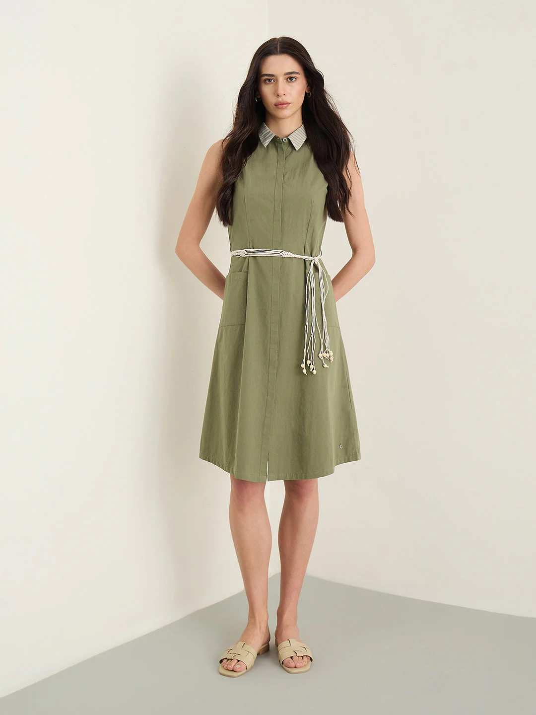 Iconic Women Olive Green Solid Regular Fit Pure Cotton Dress - Image 2