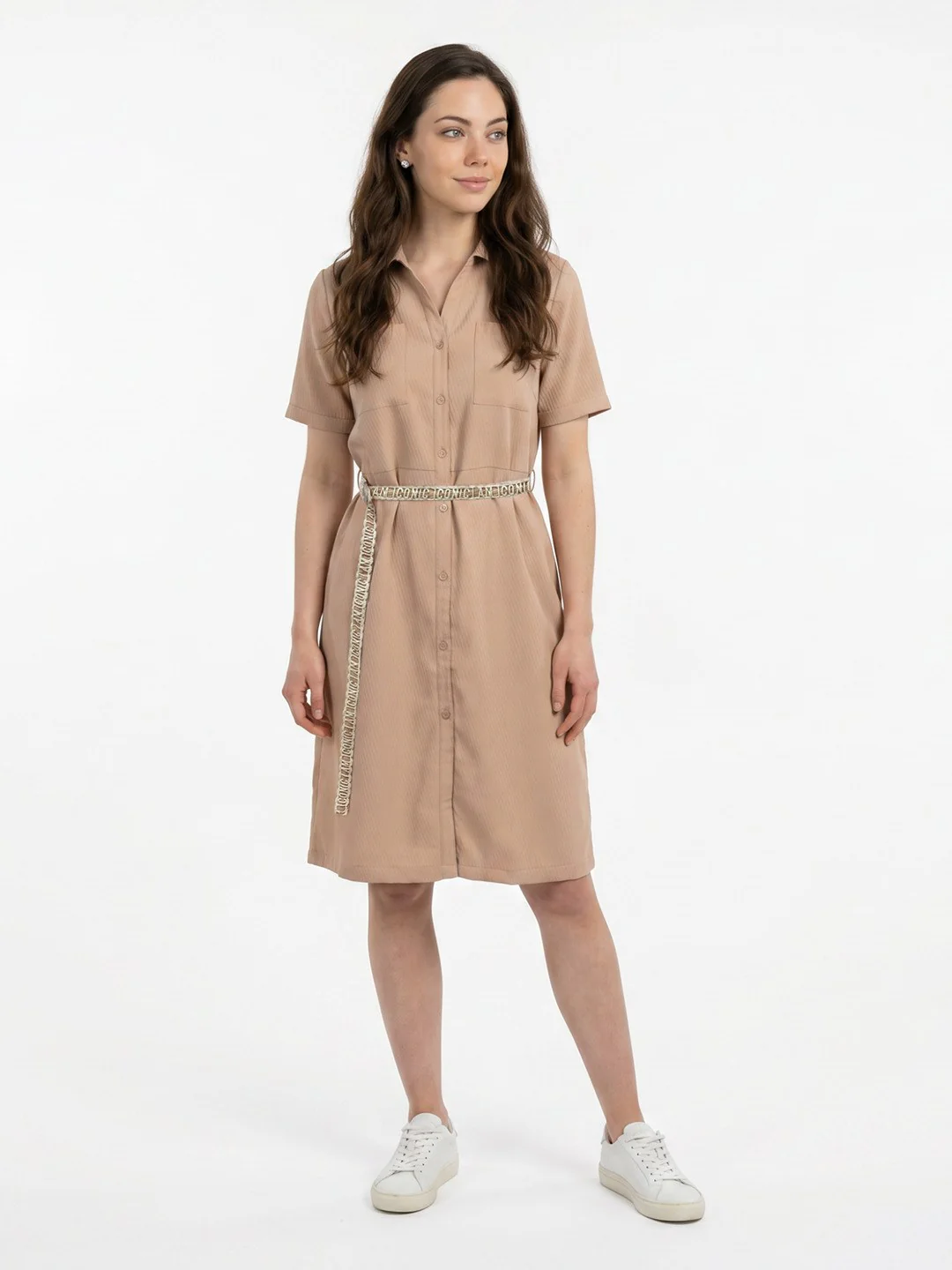 Iconic Women Beige Straight Fit Midi Shirt Dress - Image 2