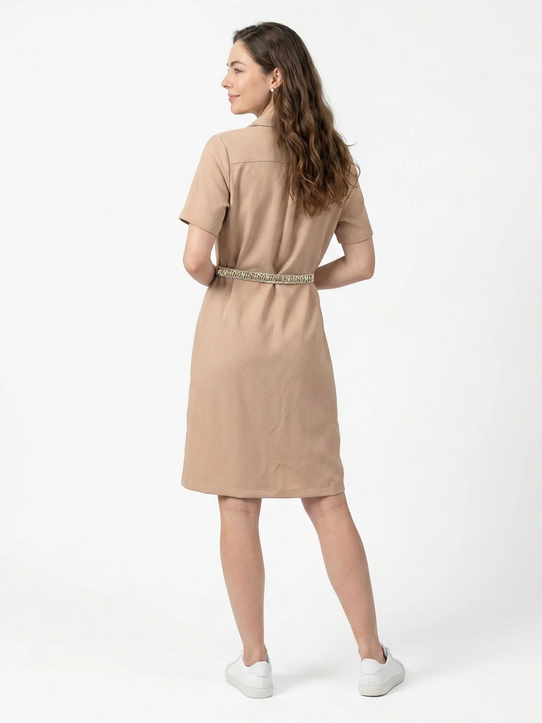 Iconic Women Beige Straight Fit Midi Shirt Dress - Image 3