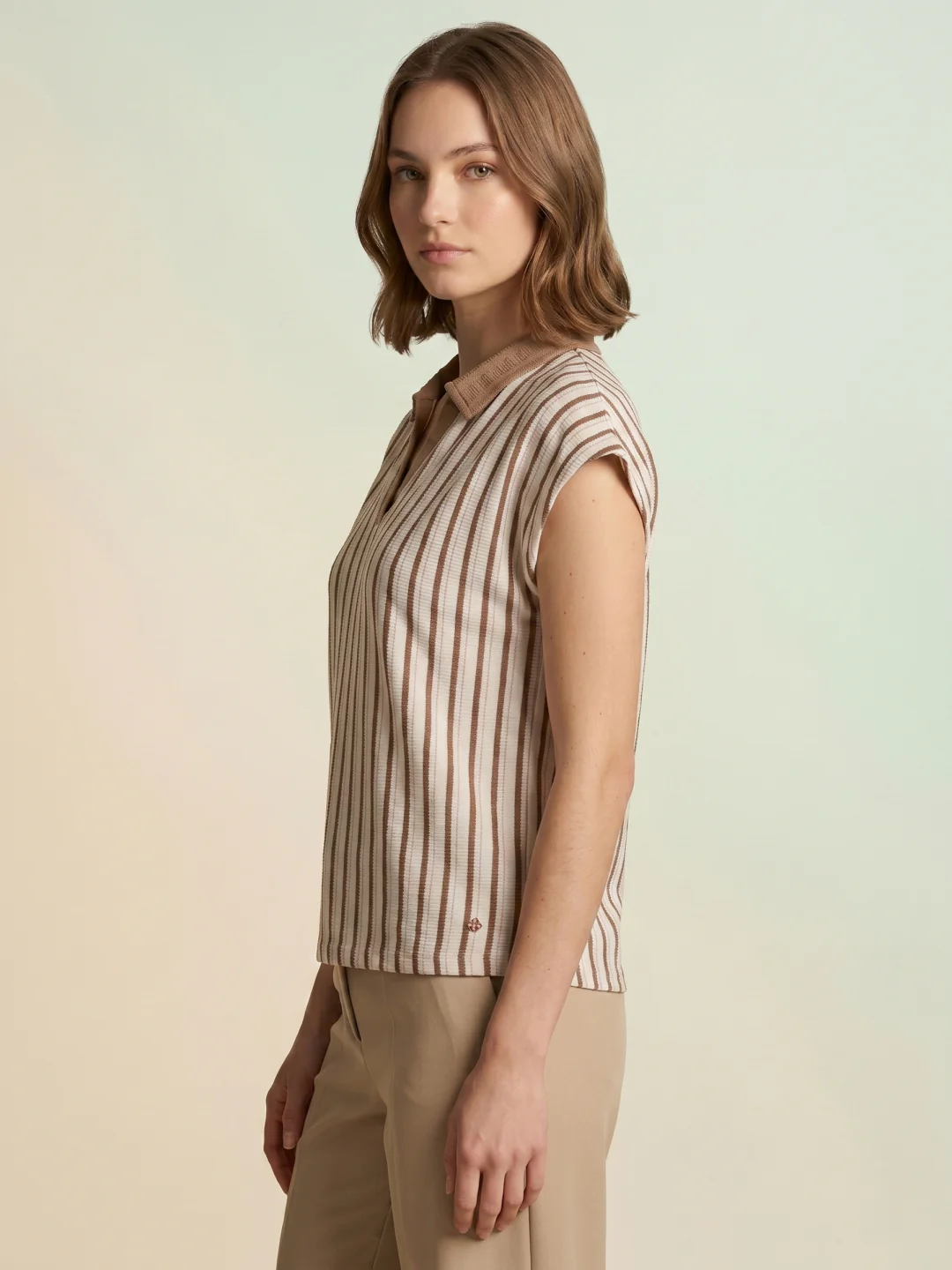 Iconic Women Cream Striped Regular Fit Polo T-Shirt - Image 3