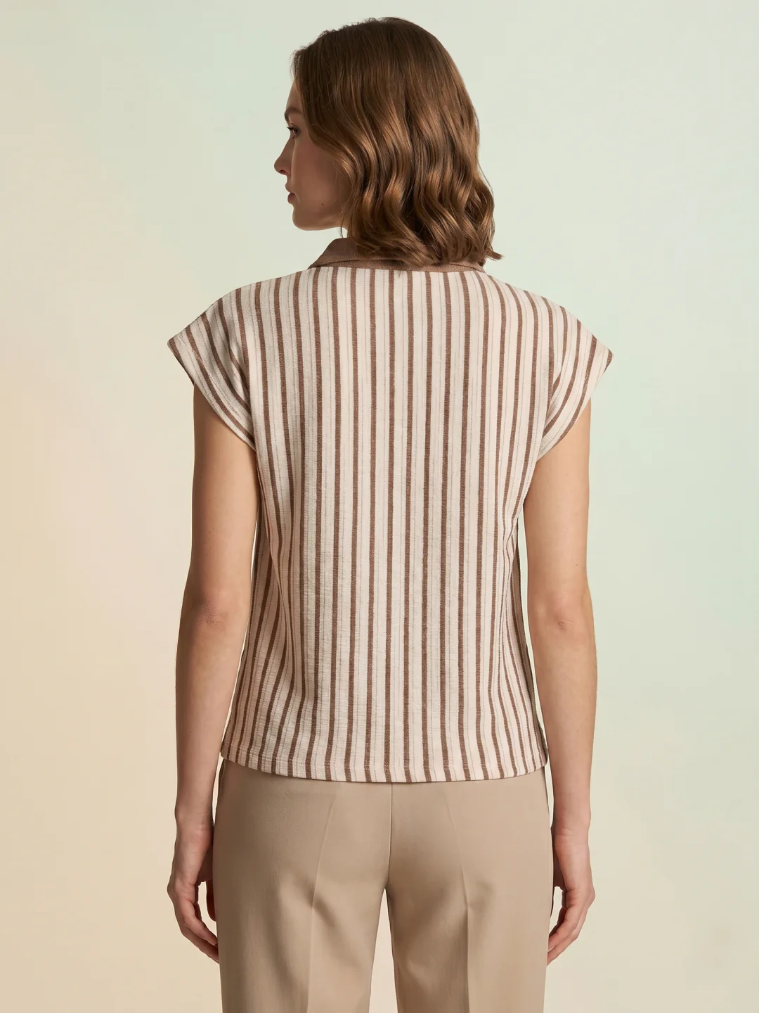 Iconic Women Cream Striped Regular Fit Polo T-Shirt - Image 5