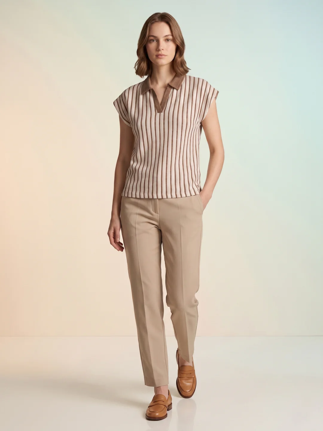 Iconic Women Cream Striped Regular Fit Polo T-Shirt - Image 6