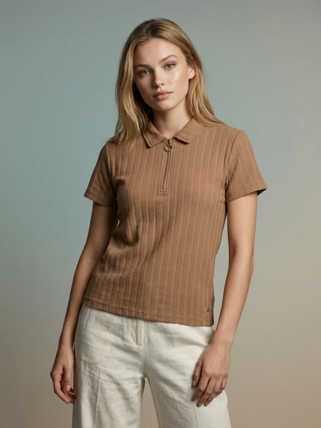 Iconic Women Beige Textured Regular Fit Polo T-Shirt - Image 2