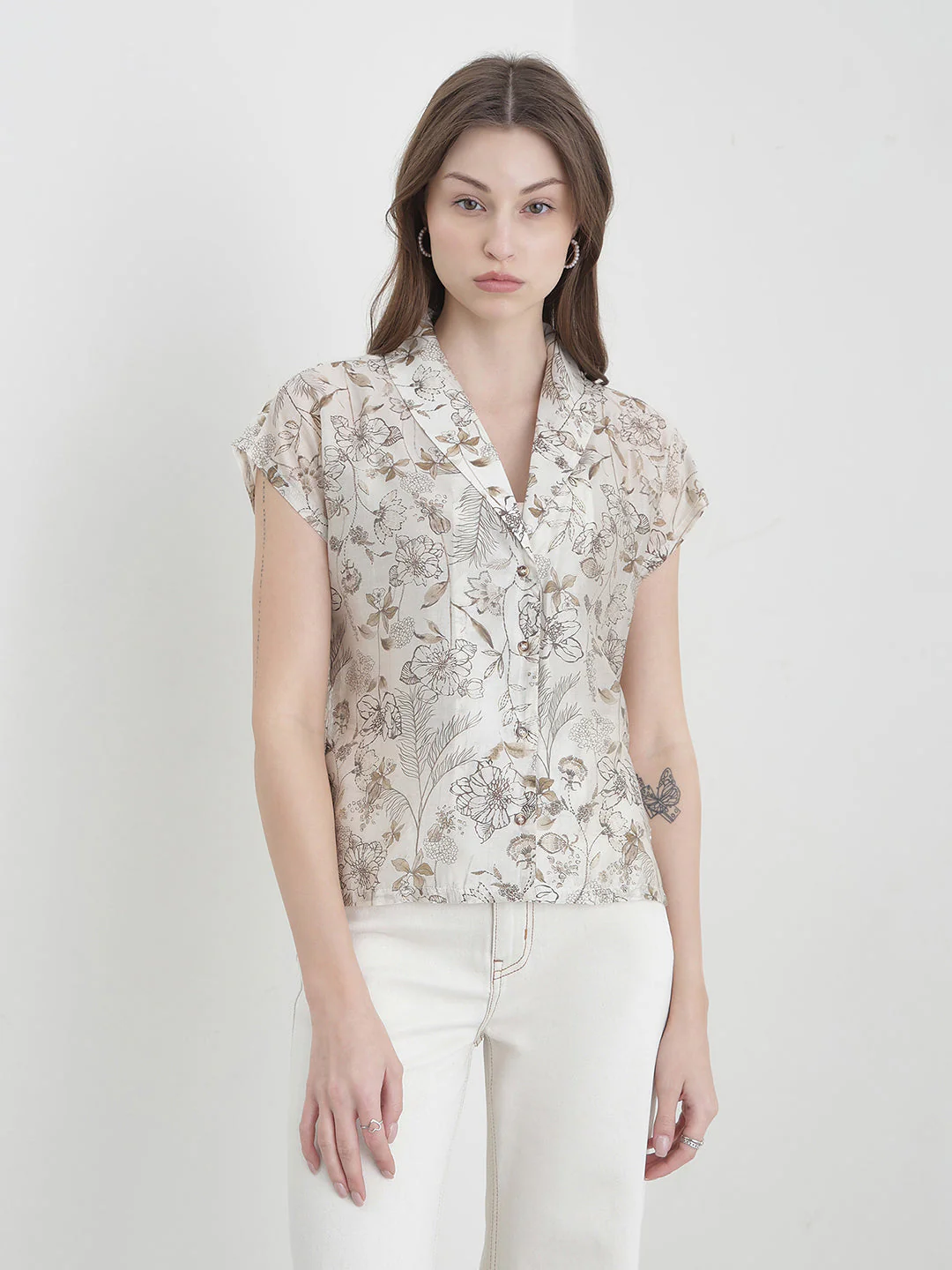 Iconic Women Cream Floral Loose Fit Shirt