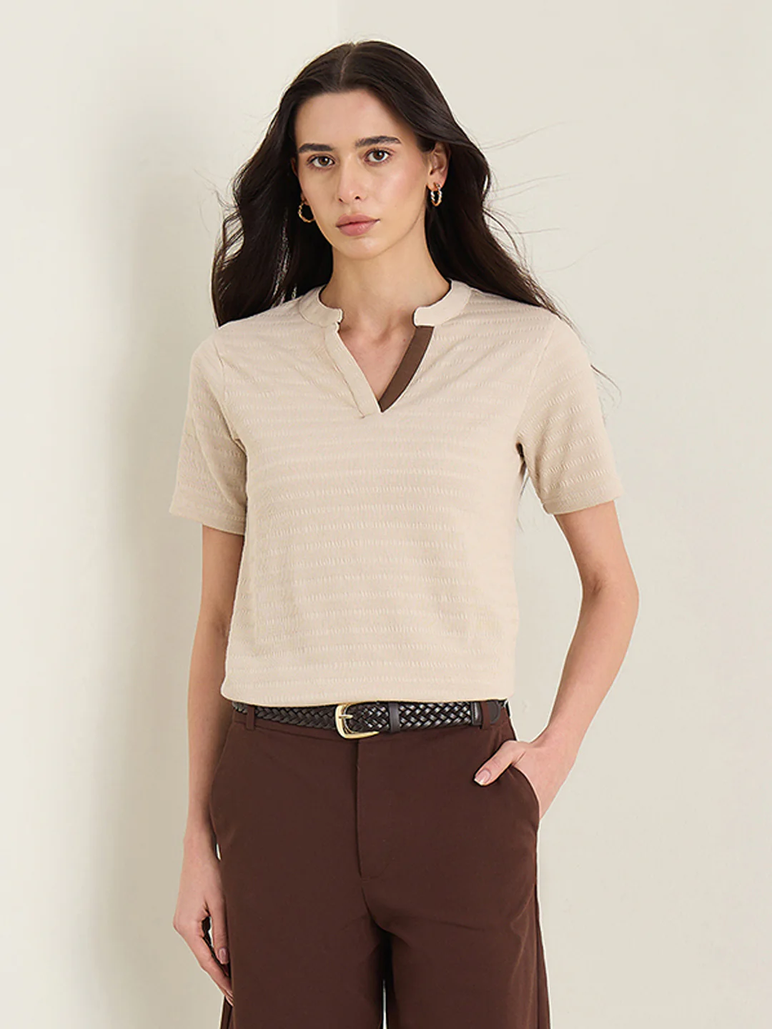 Iconic Women Beige Textured Regular Fit T-Shirt