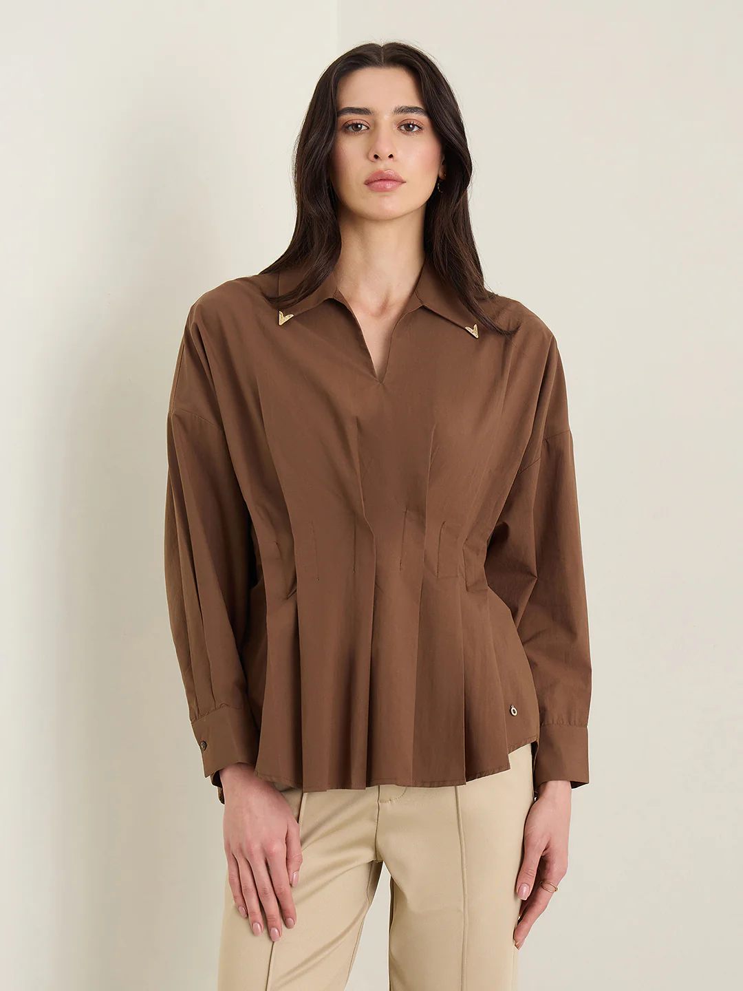 Iconic Women Brown Solid Loose Fit Pure Cotton Top