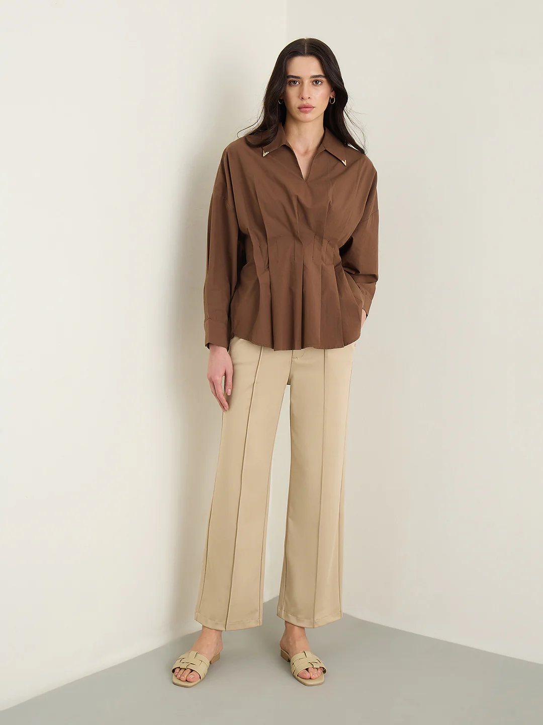 Iconic Women Brown Solid Loose Fit Pure Cotton Top - Image 3