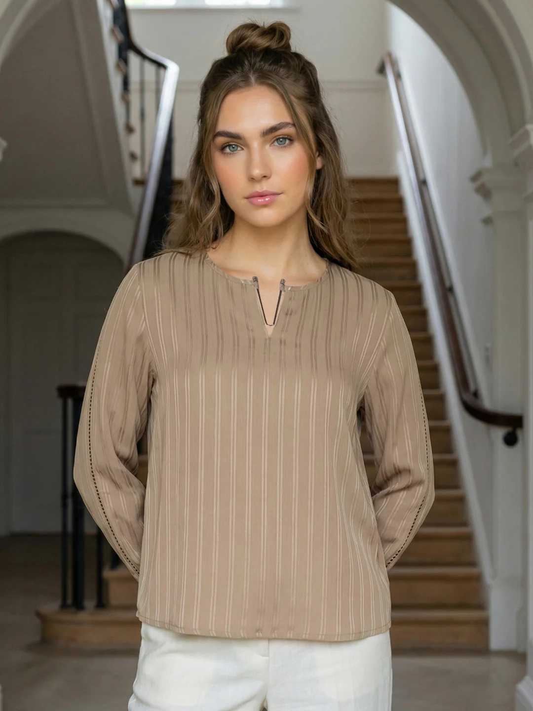 Iconic Women Brown Striped Regular Fit Top