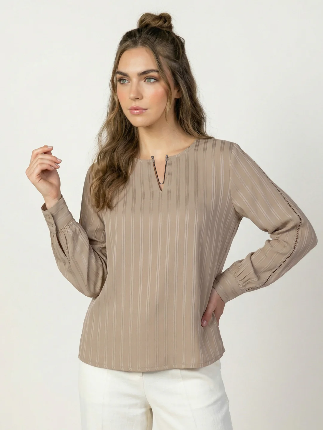 Iconic Women Brown Striped Regular Fit Top - Image 2