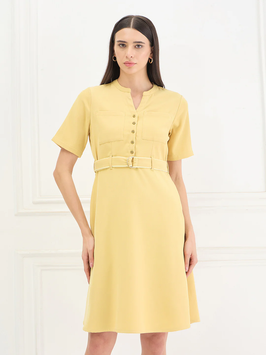 Iconic Women Yellow Solid Stretchable Regular Fit Dress - Image 2