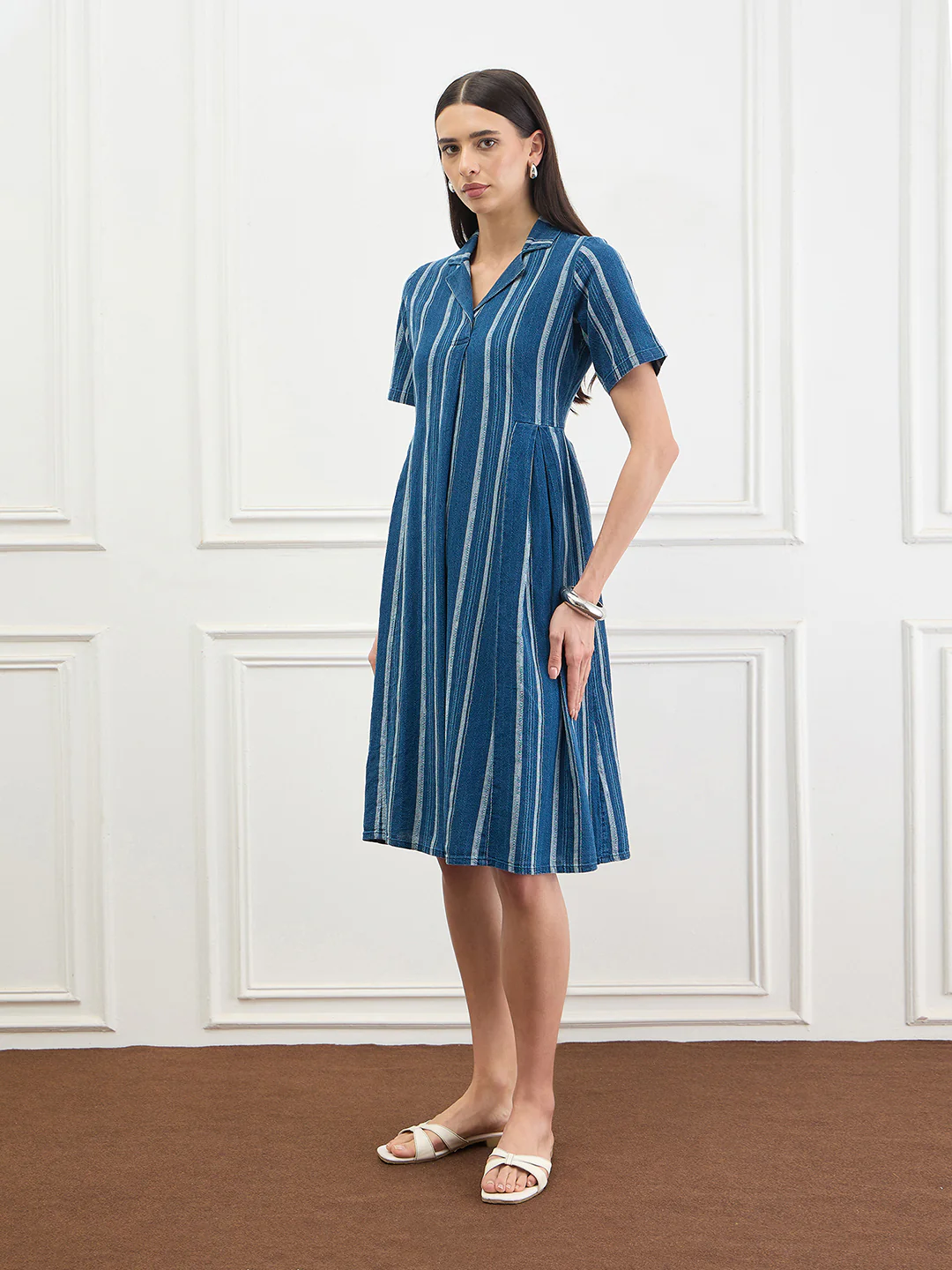 Iconic Women Blue Striped A-Line Fit Pure Cotton Dress - Image 6
