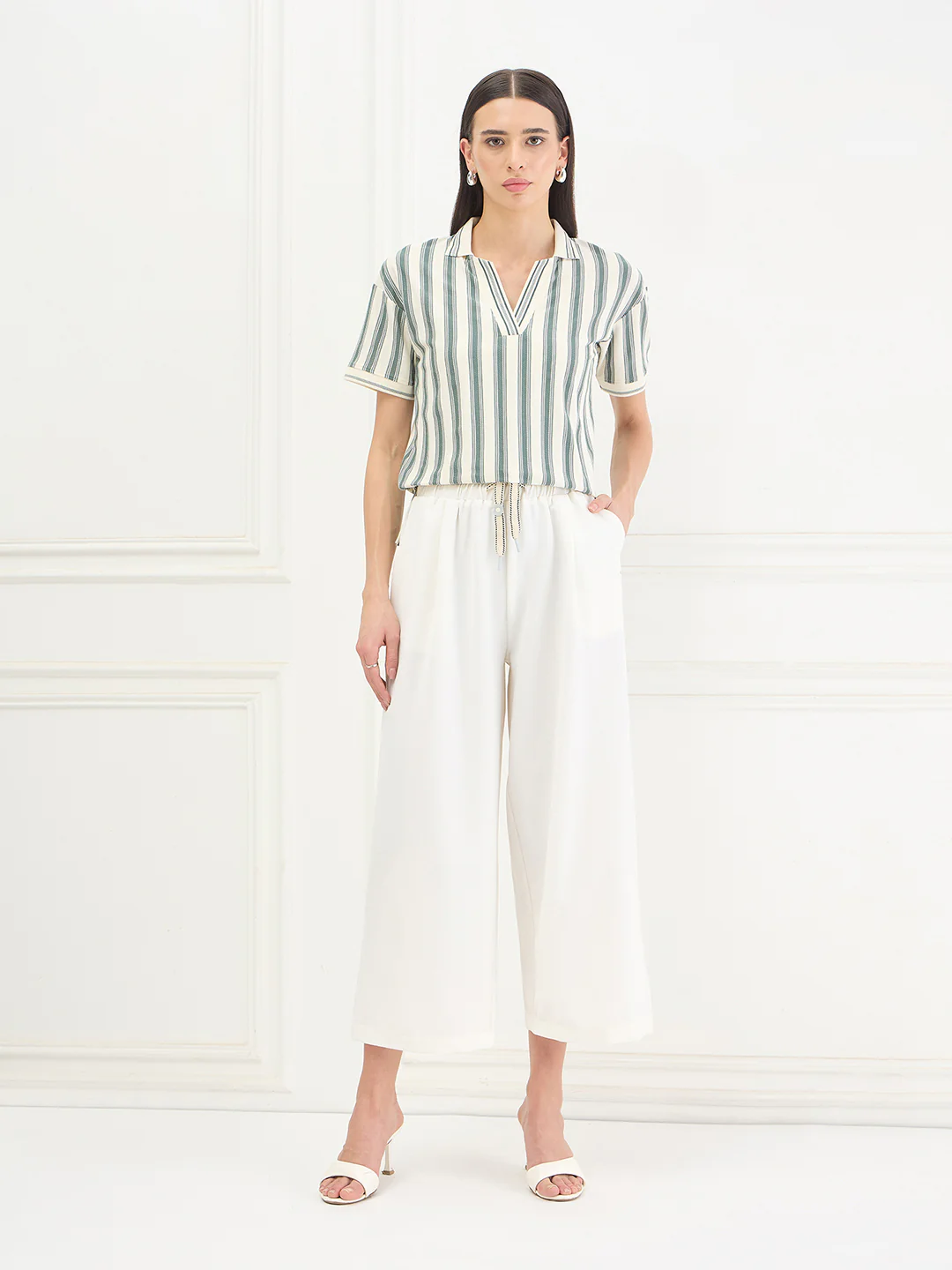 Iconic Women Green Striped Loose Fit Pure Cotton Top - Image 7