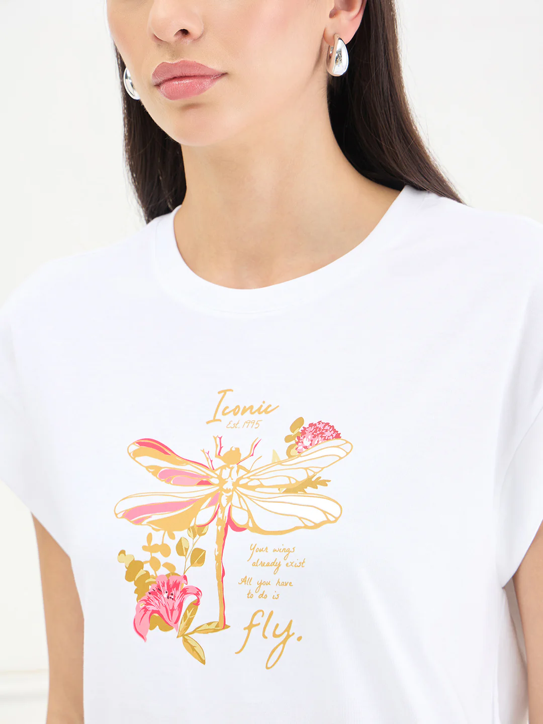 Iconic Women White Printed Regular Fit Pure Cotton T-Shirt - Image 6