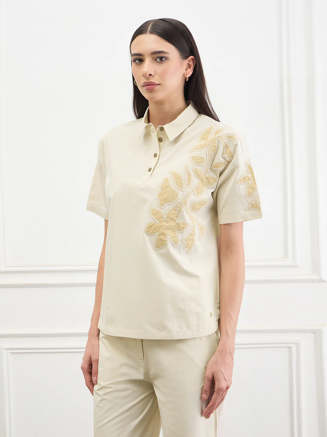 Iconic Women Beige Applique Loose Fit Pure Cotton Top - Image 7