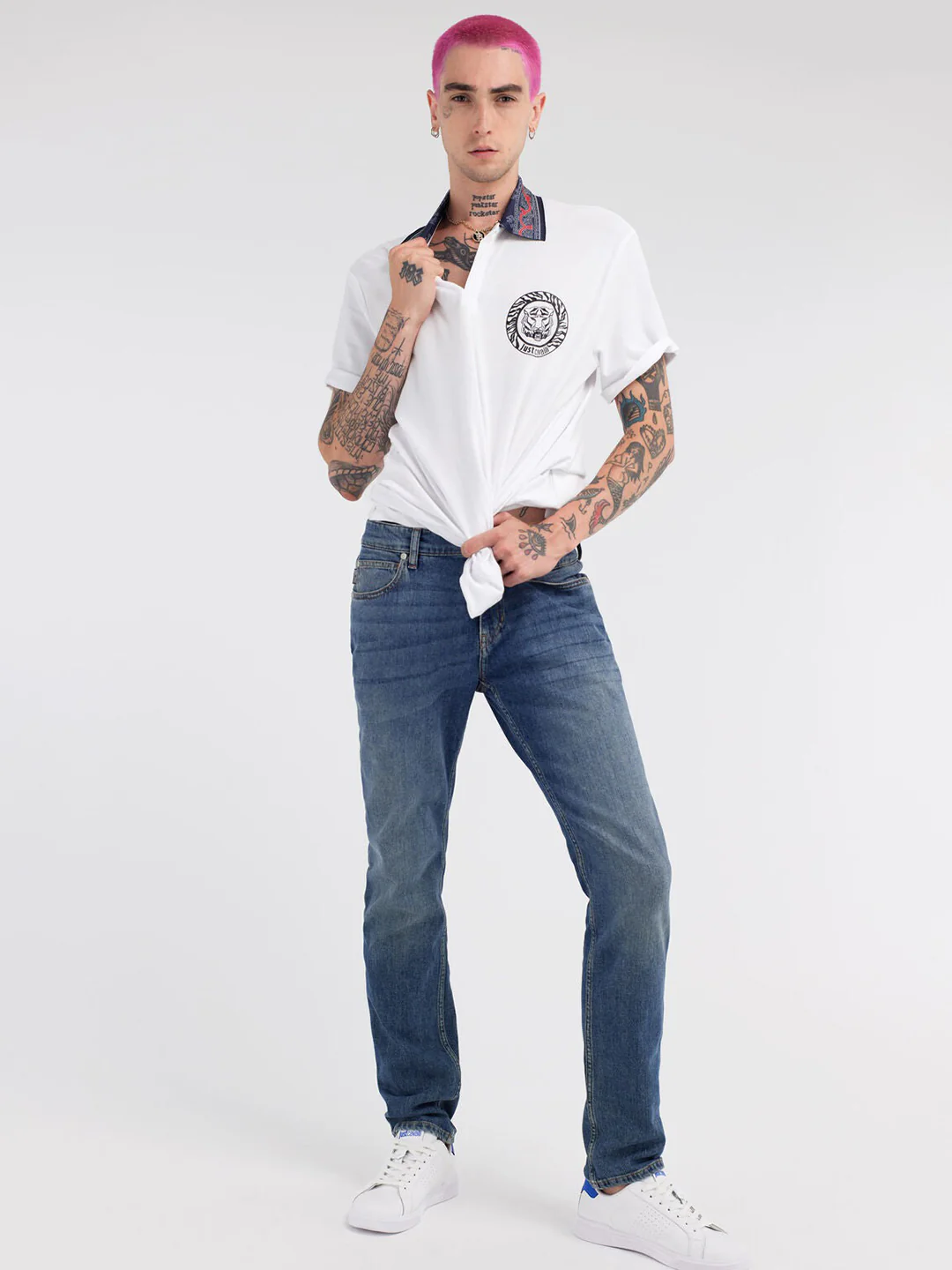 Just Cavalli White Fashion Printed Regular Fit Polo Tshirt - Image 3