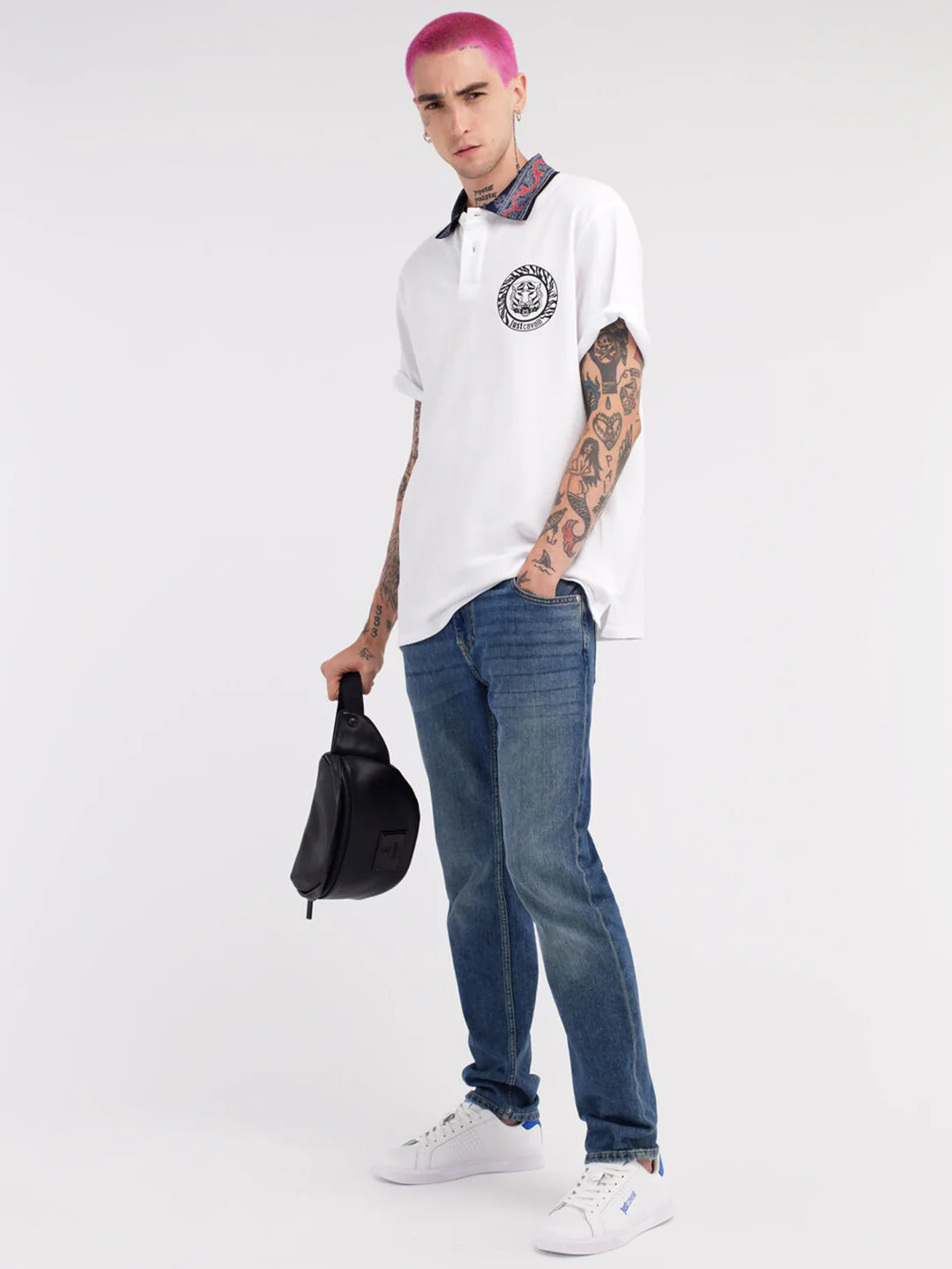 Just Cavalli White Fashion Printed Regular Fit Polo Tshirt - Image 4
