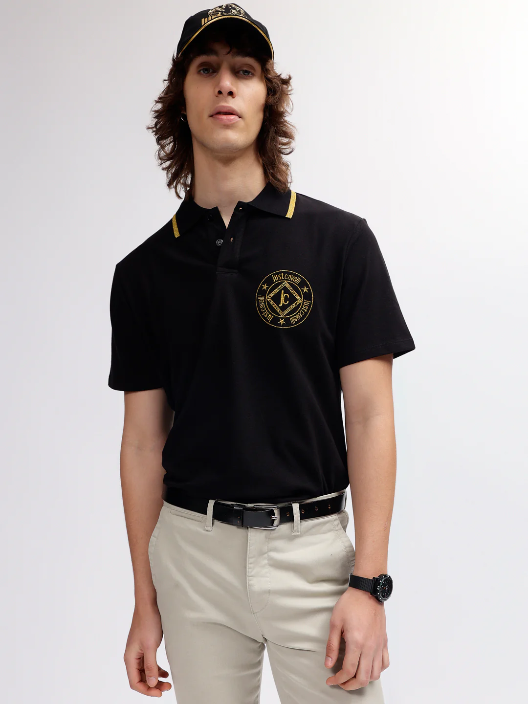 Just Cavalli Men Black Solid Polo Collar Regular Fit Short Sleeves Tshirt