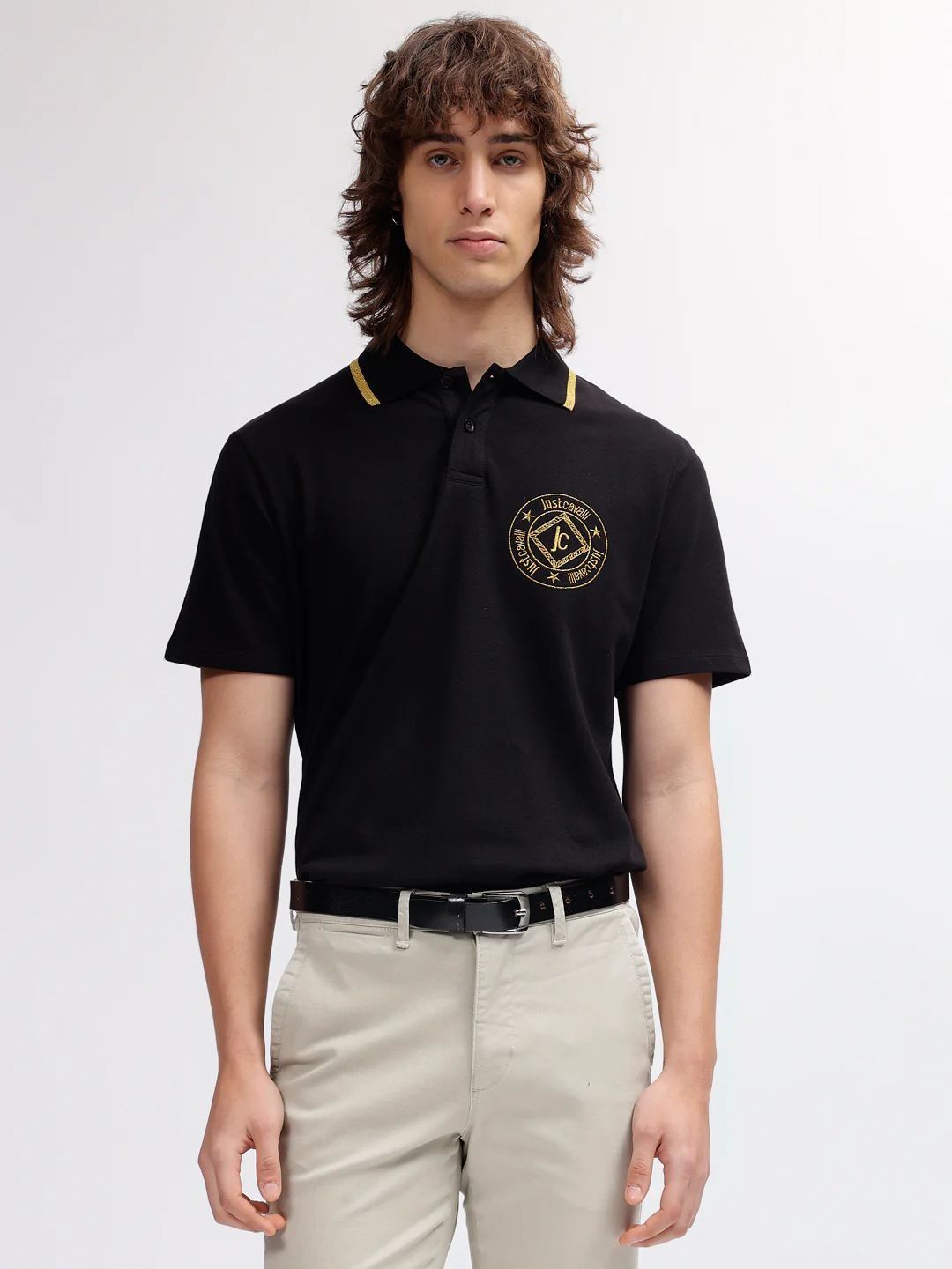 Just Cavalli Men Black Solid Polo Collar Regular Fit Short Sleeves Tshirt - Image 2