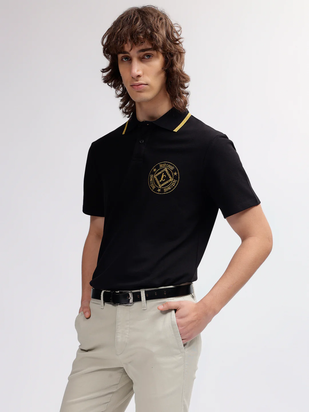 Just Cavalli Men Black Solid Polo Collar Regular Fit Short Sleeves Tshirt - Image 3
