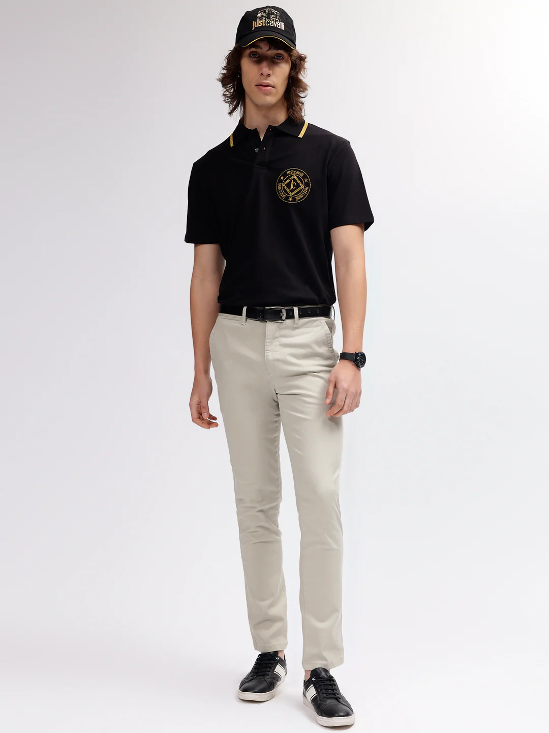 Just Cavalli Men Black Solid Polo Collar Regular Fit Short Sleeves Tshirt - Image 5