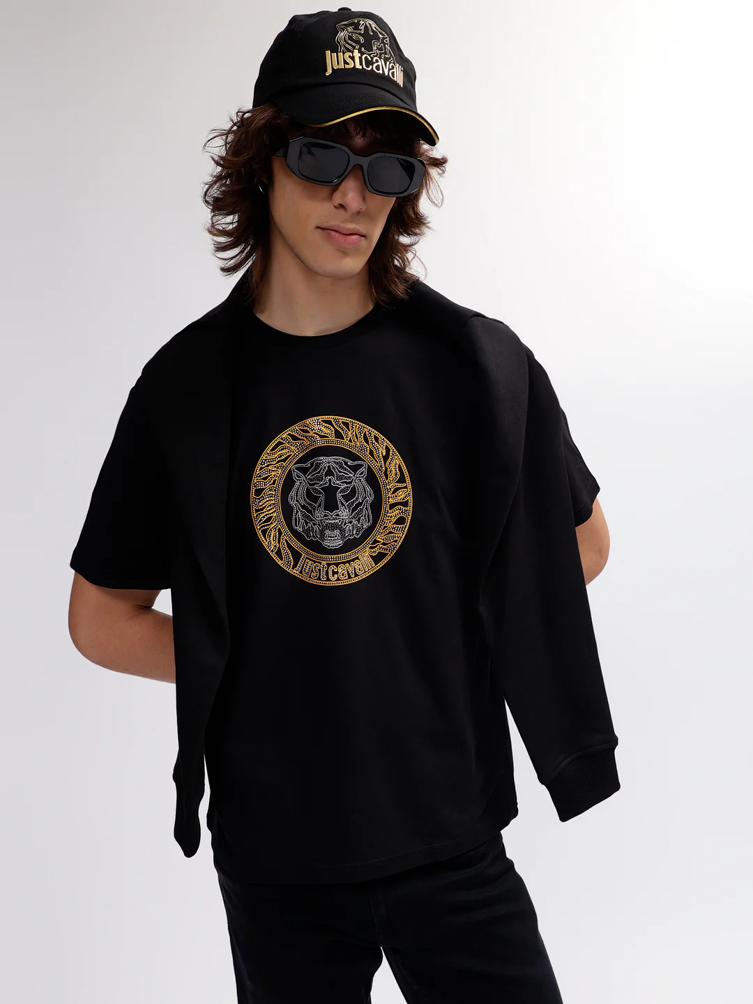 Just Cavalli Men Black Printed Regular Fit  Short Sleeves Tshirt