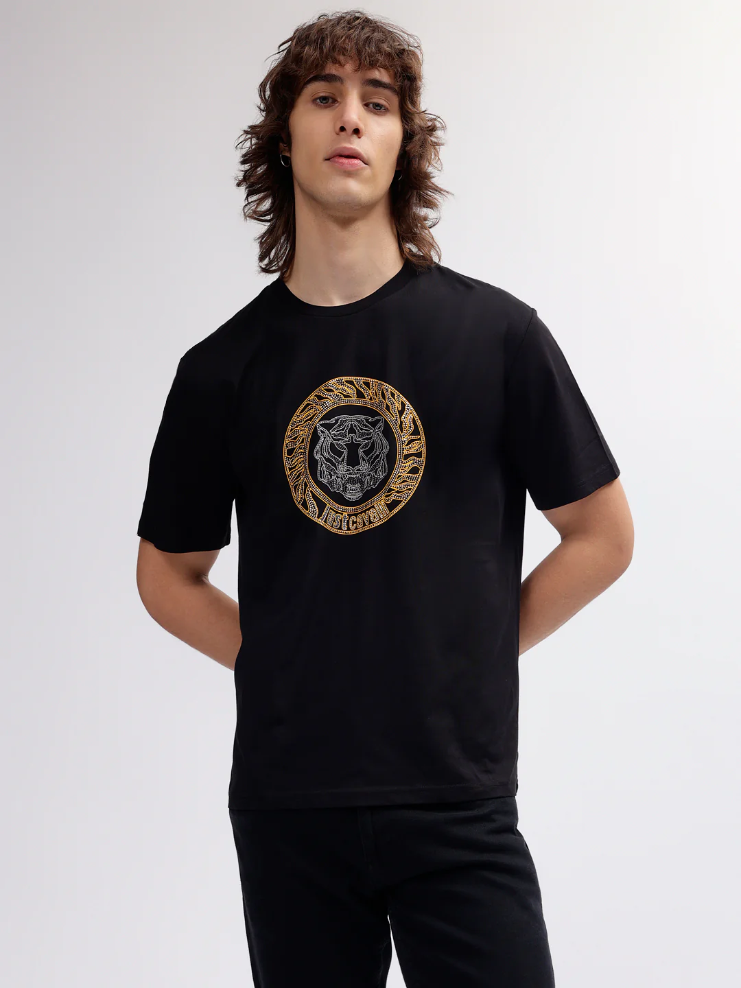 Just Cavalli Men Black Printed Regular Fit  Short Sleeves Tshirt - Image 2