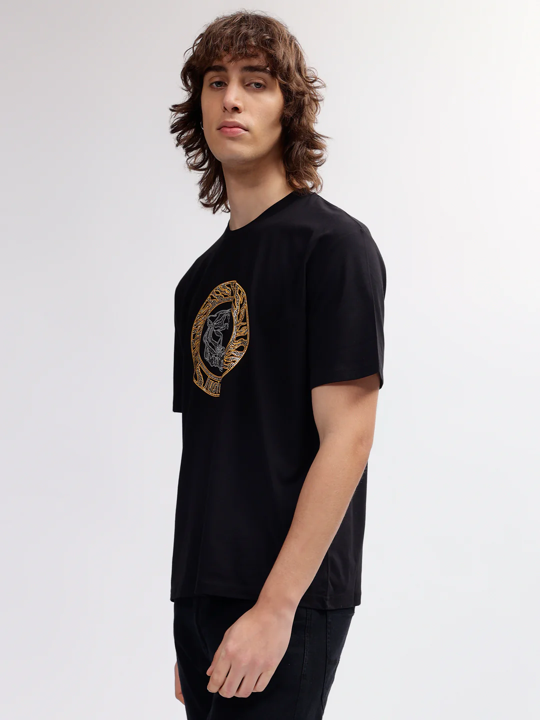 Just Cavalli Men Black Printed Regular Fit  Short Sleeves Tshirt - Image 3
