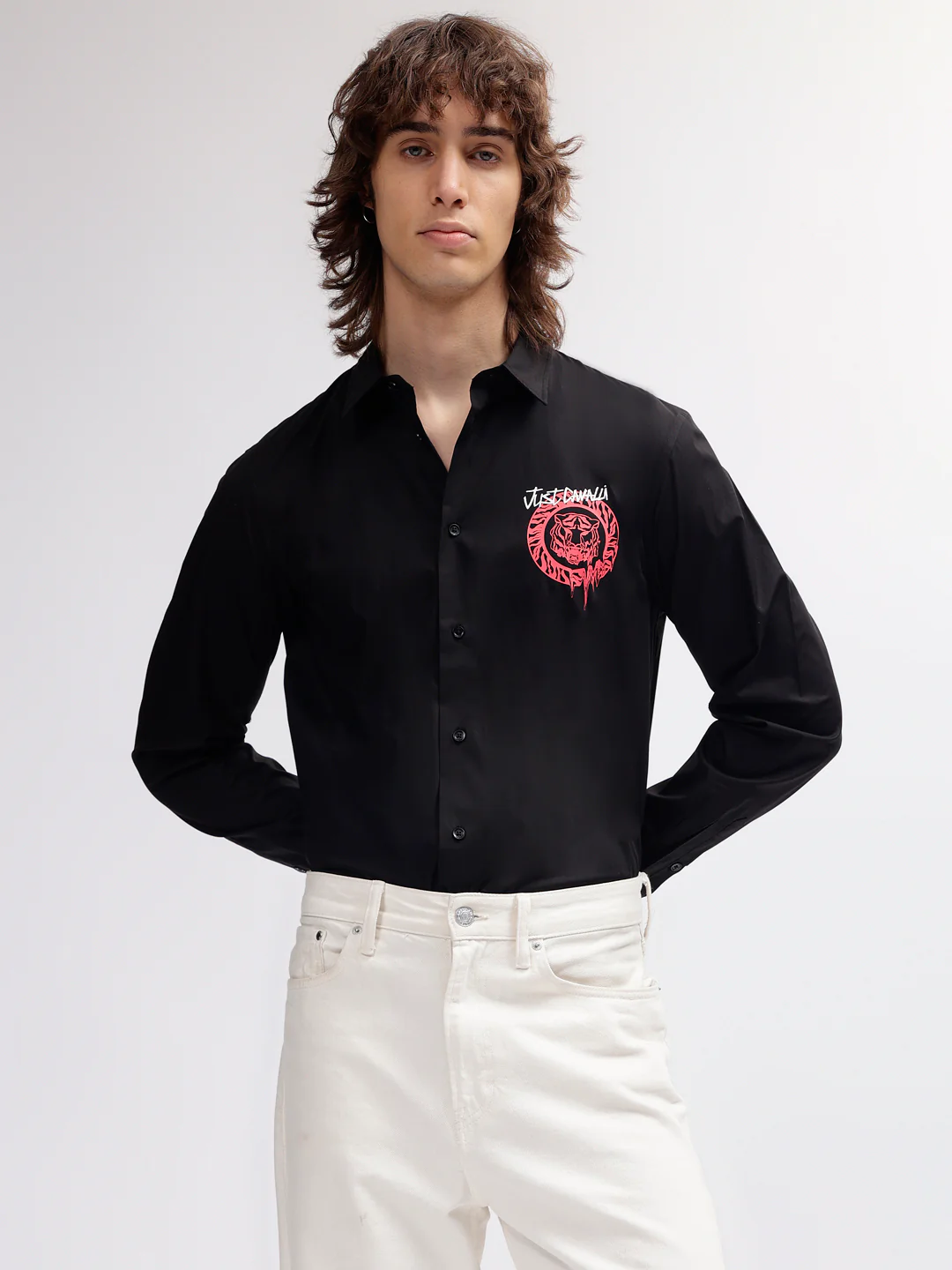 Just Cavalli Men Black Solid Spread Collar Regular Fit Full Sleeves Shirt - Image 2