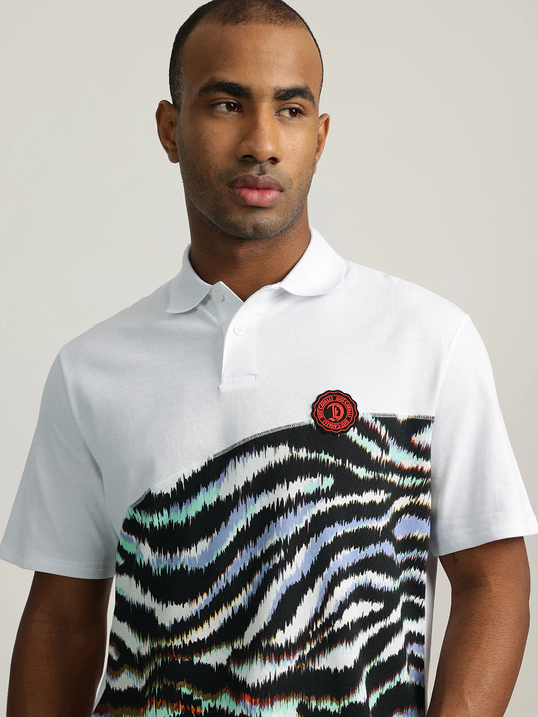 Just Cavalli Men White Printed Collared Short Sleeves Polo Tshirt - Image 5