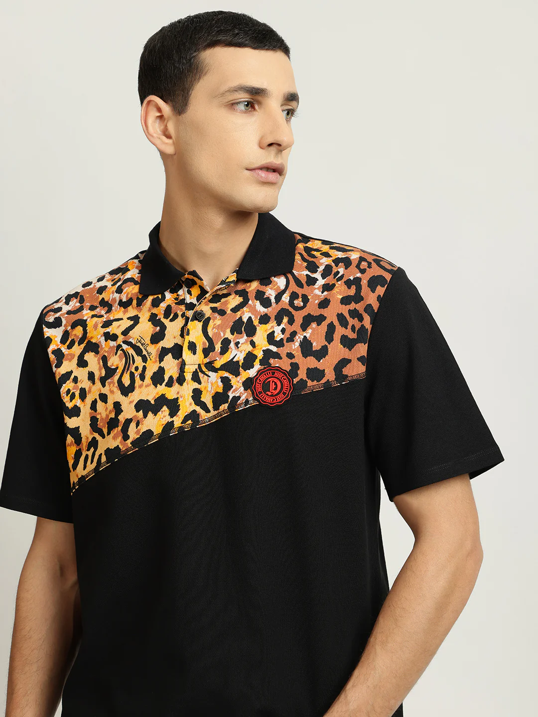 Just Cavalli Men Black Printed Polo Collar Short Sleeves Tshirt - Image 5